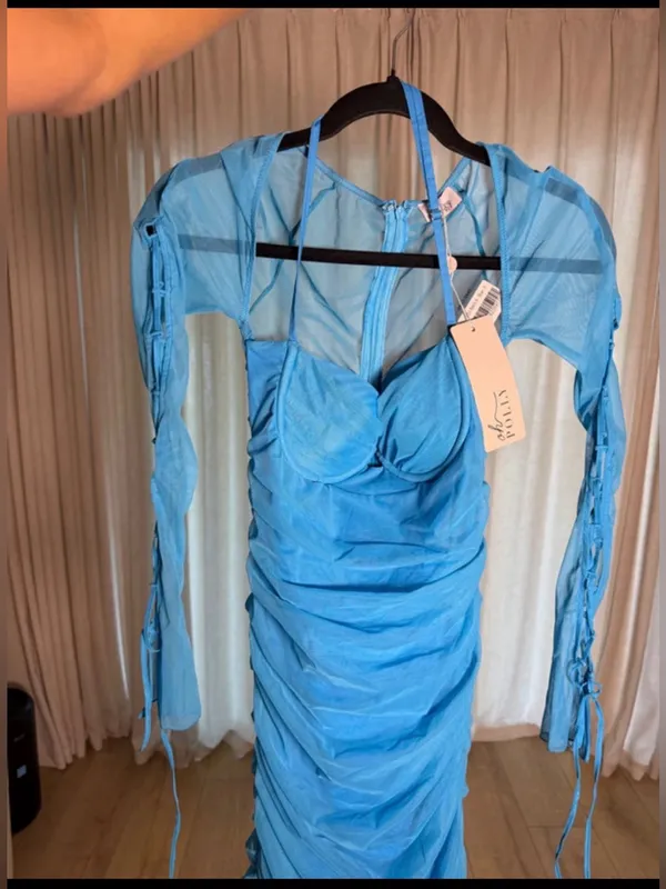 Oh Polly Turquoise Blue Long Sleeve Lace-Up Bodycon Dress - Image 8