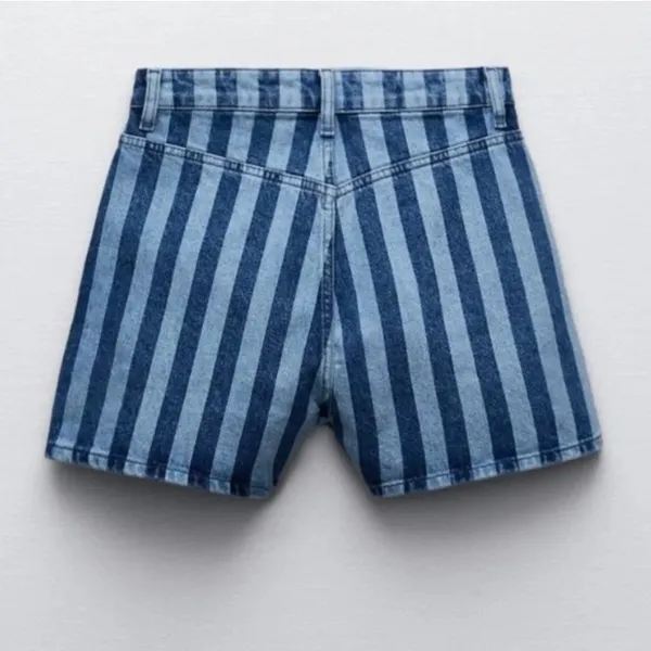 Zara High Waisted Light Dark Blue Striped Denim Shorts Size 4 - Image 8
