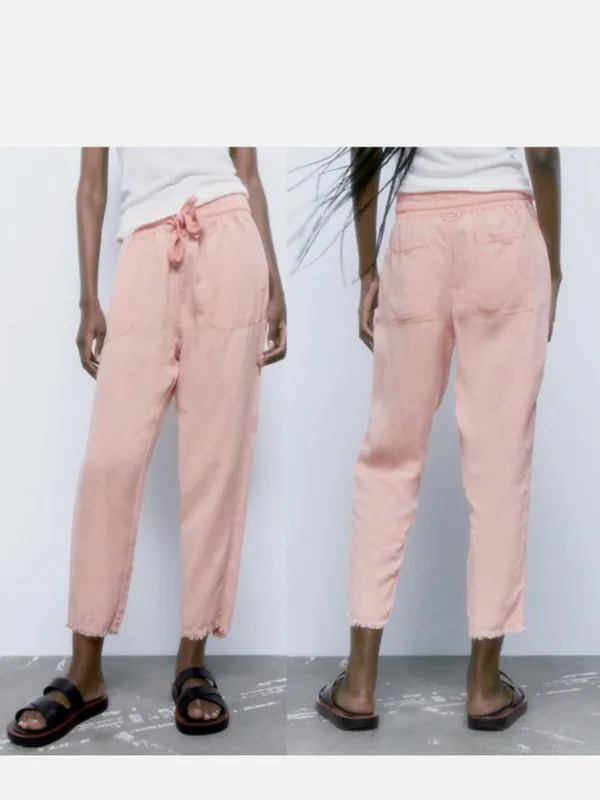 Zara Light Pink Drawstring Linen Blend Pants - Image 3