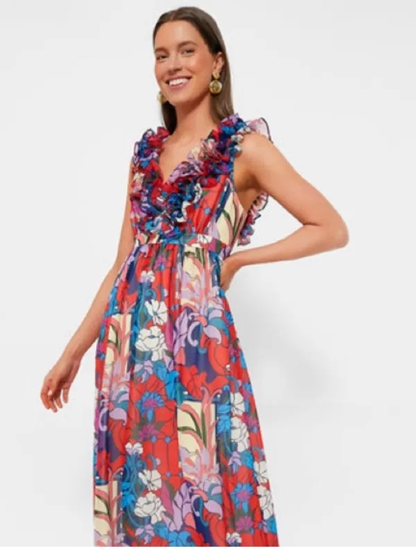 Tuckernuck Red Multi Floral Ruffle V-Neck Maxi Dress - Image 2