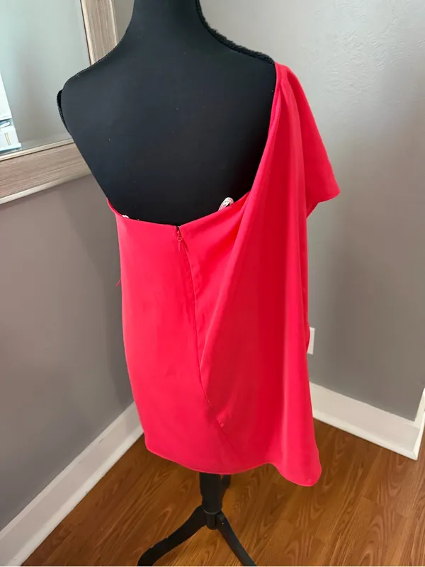 Halston Heritage Asymmetric Off-Shoulder Cocktail Dress Pink Barbie 0 - Image 4