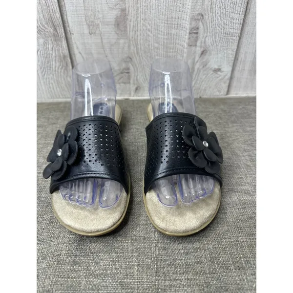 Womens Black Slide On Sandals Size 7 With Flower Rhinestone Detail Open Toe - Image 6