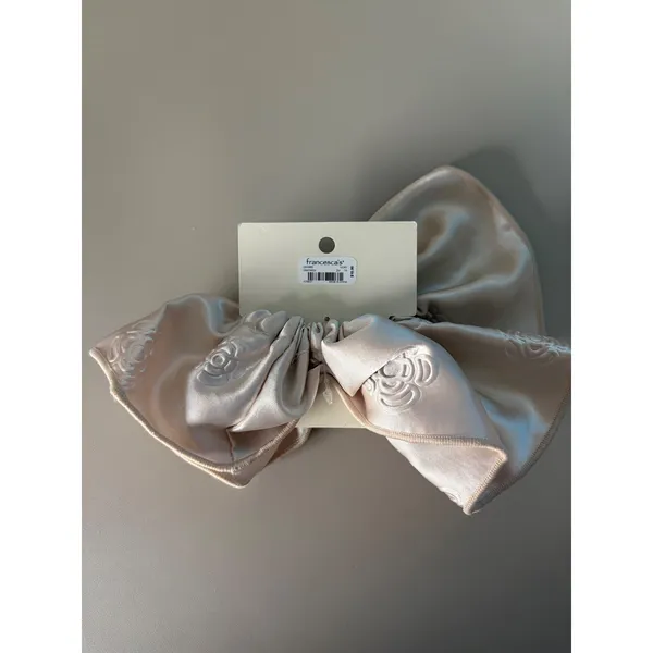 Francesca's Ivory Satin Oversized Bow Scrunchie Floral Embossed Hair Accessory - Image 3