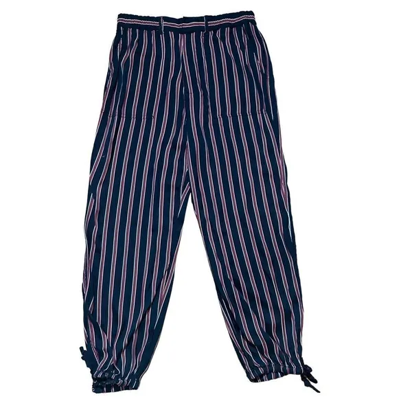 ANTHROPOLOGIE Striped Silky Tie Joggers in Black/Red‎ sz small - Image 6