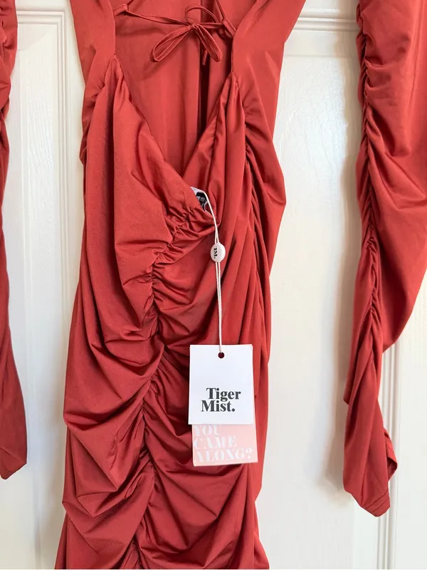 Tiger Mist NWT Rust Orange / Brown Mini Dress Ruched Open Back L - Image 8