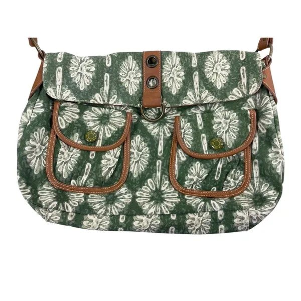 Y2K 90s The Sak Green Floral Canvas Shoulder Bag Brown Faux Leather Trim Purse - Image 2