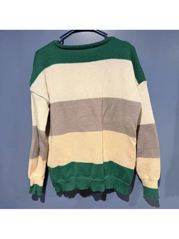 Large Striped Polyester Sweater in Green and Cream - Image 5