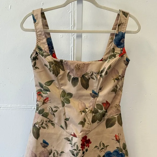 Pretty Little Thing Floral Corset Mini Dress Beige Rose Butterfly Print US‎ 2 - Image 3