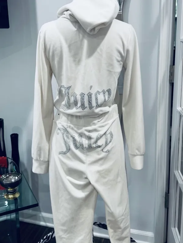 Juicy Couture Bling Velour Tracksuit Jacket Hoodie & Pants in Cream Soda - Image 2