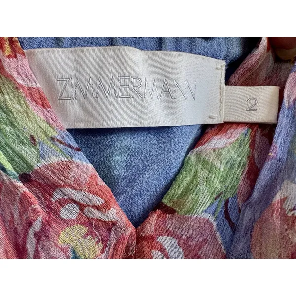 Zimmermann Winsome Sky Sunbleach Floral 100% Silk Ruffle Mini Dress Size 2 - Image 12