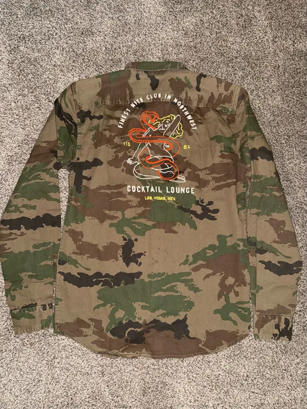 Pull&Bear Limited Edition Camouflage Embroidered Graphic Button-Down Shirt - Image 4