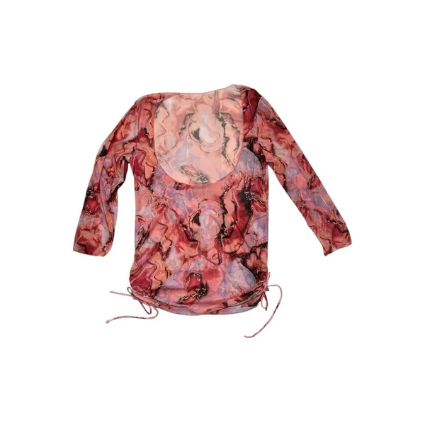 Womens Abstract Marble Mesh Ruched‎ Side Tunic Top Pink Red Purple 3/4 Sleeve - Image 2