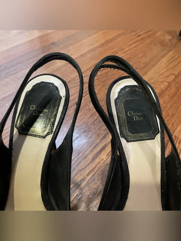 Christian Dior Black Satin Peep Toe Slingback Platform Heels Women Size 37 - Image 5