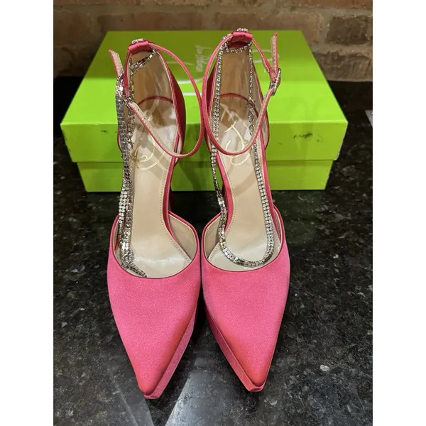 Sam Edelman Andie Pumps Fuschia Satin Embellished Platform Heel Size 8.5 - Image 5