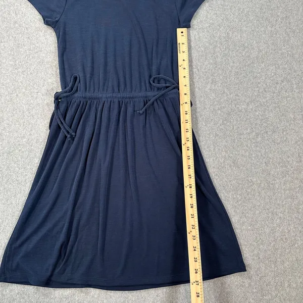 Rachel Zoe Ribbed Knit Blouson Dress Women's XS Navy Blue Side Ties Short Sleeve - Image 6