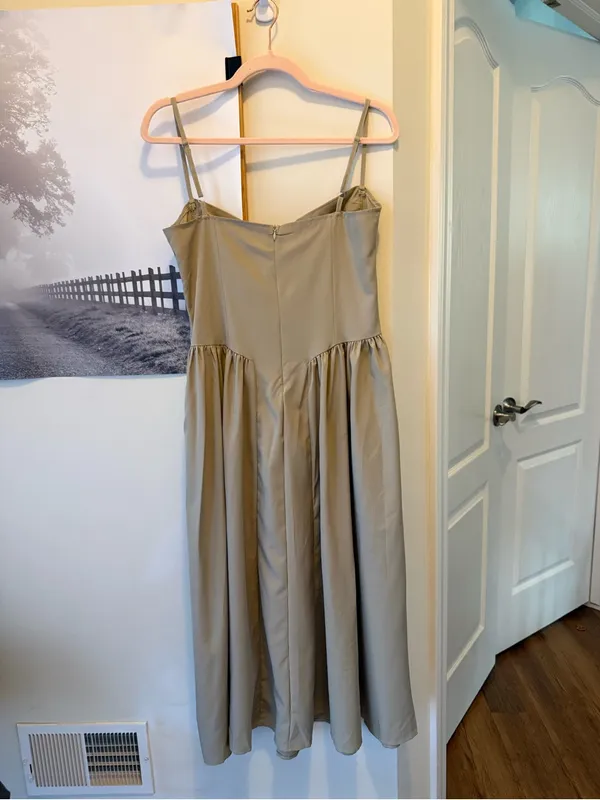 Source Unknown Beige Taupe Spaghetti Strap Sweetheart Bodice Drop Waist Midi Dress - Image 2