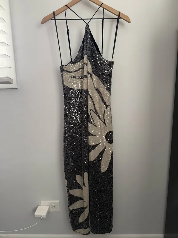 Farm Rio Anthropologie Medium Halter Sequin Midi Dress Black Tropical Resort - Image 2