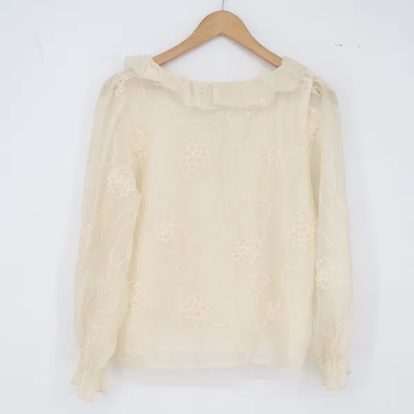 Xin Ke Yuan Blouse Womens L Cream Floral Embroidered Ruffle Tie Sheer Excellent - Image 4
