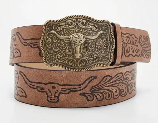 Western Style Bull Head Buckle Unisex Belt Vintage Embossed - Image 13