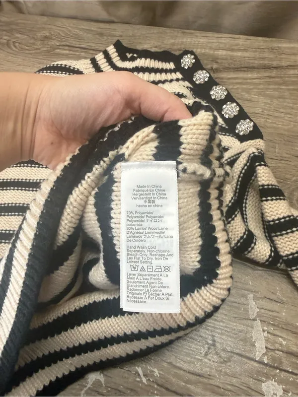 J.Crew Striped Mockneck Sweater Size XS Jewel Rhinestone Twee Glam Preppy Heavy - Image 5