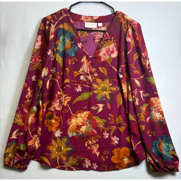 Belle Boho Kim Gravel Burgundy Floral V-Neck Blouse Long Sleeve S - Image 2