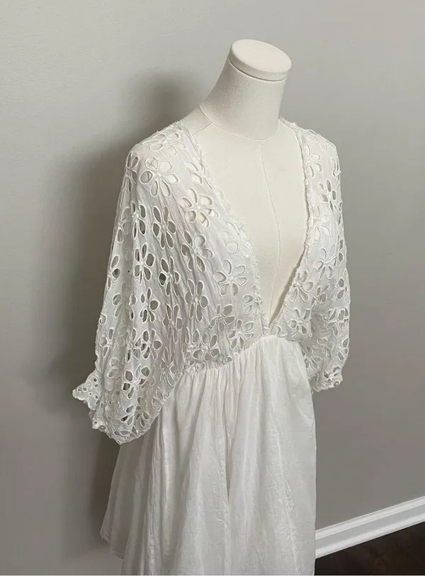 Free People One Dress Bella Note Eyelet Flower Babydoll Whimsical Boho White - Image 3