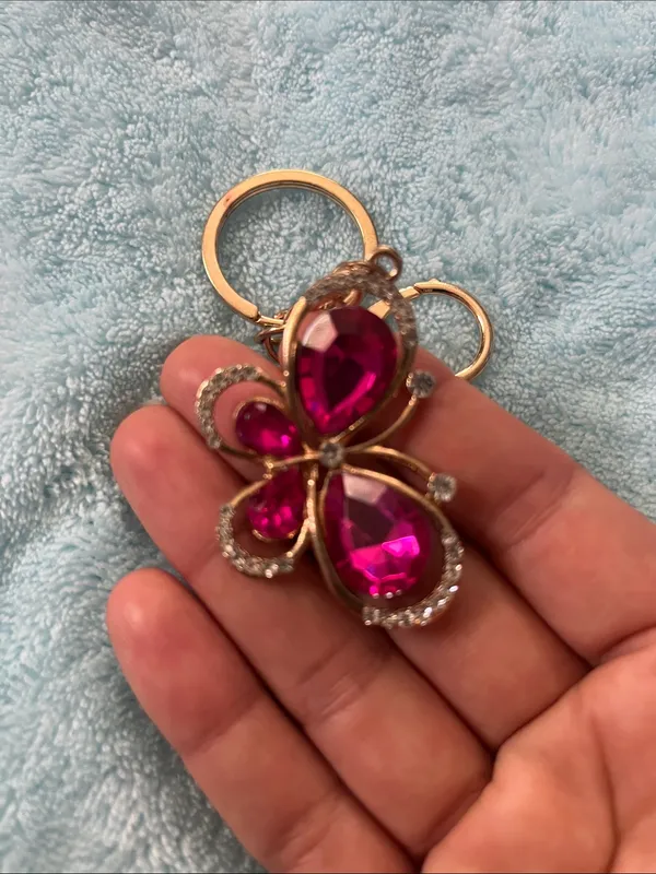 Gold-Tone Pink Crystal Butterfly Keychain - Image 3