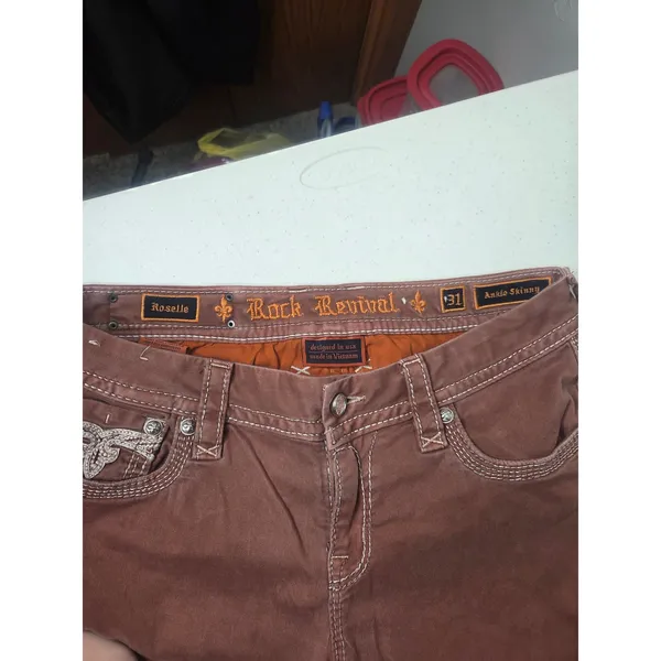 Rock Revival Ankle Skinny Women’s 31 Brown Embroidered Rhinestone Denim Jeans - Image 5