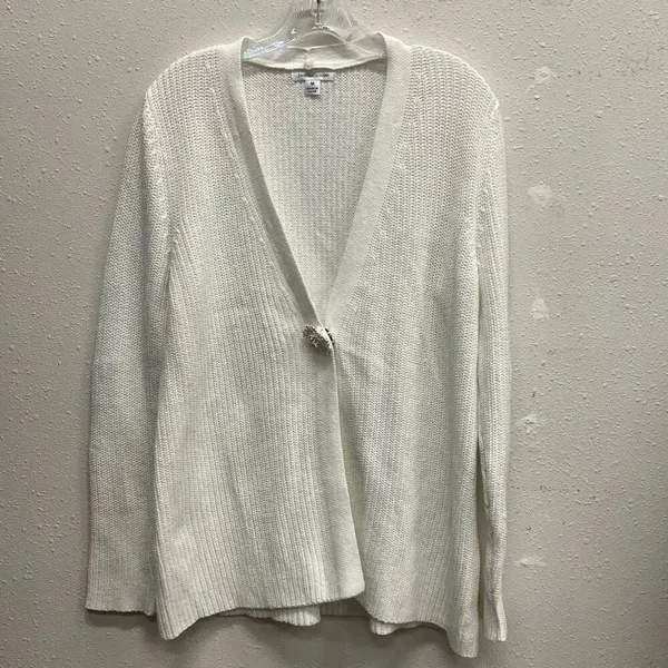 John Paul Richard 100% Acrylic Broach Button White Knit Cardigan Med #763 - Image 2
