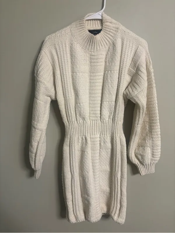 Lulus Patchwork It Cream Cable Knit Cutout Sweater Mini Dress Size XS Cream - Image 3
