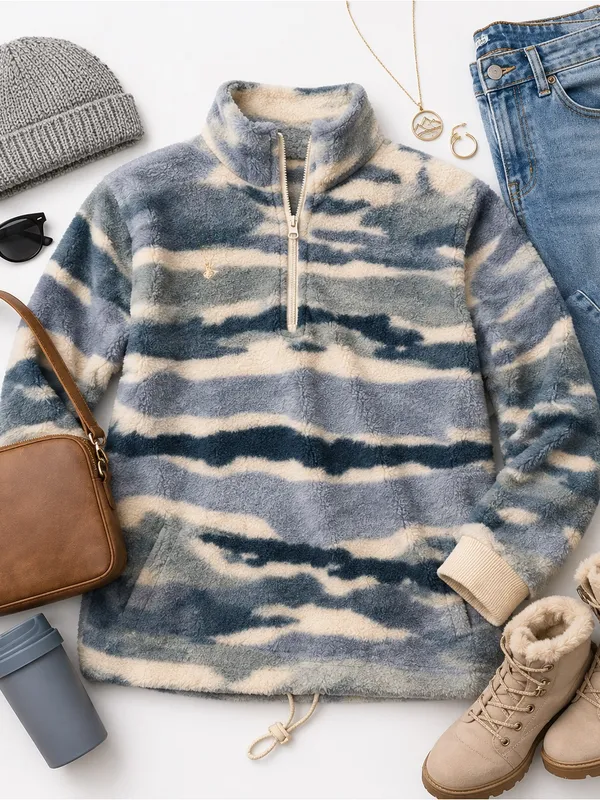 Mountain and Isles Blue Cream Half Zip Sherpa Fleece Pullover Oversized XL EUC - Image 12