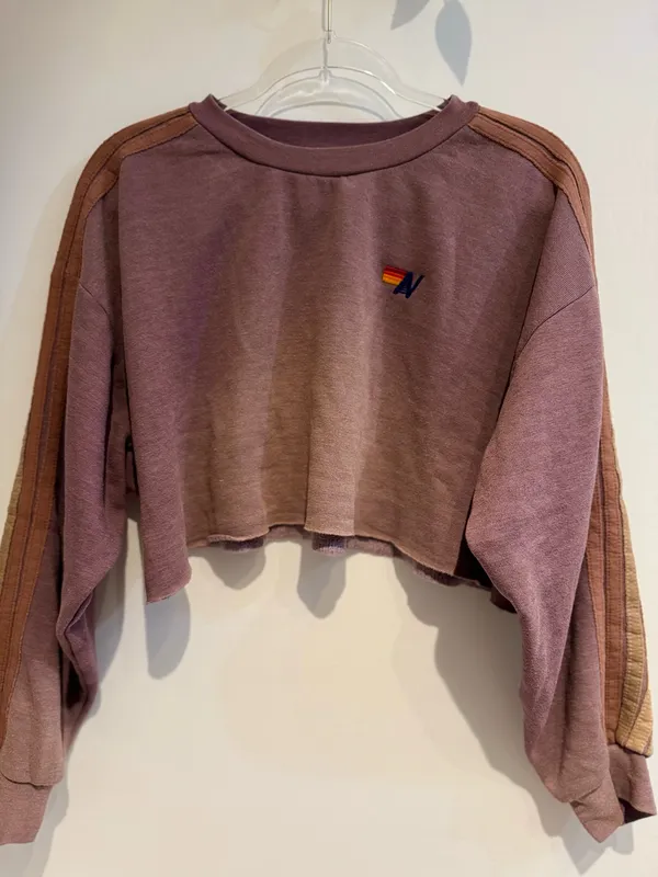 Aviator Nation Classic Stripe Cropped Crew & Sweatpants Set – Faded Mocha – S/XS – Preloved - Image 2
