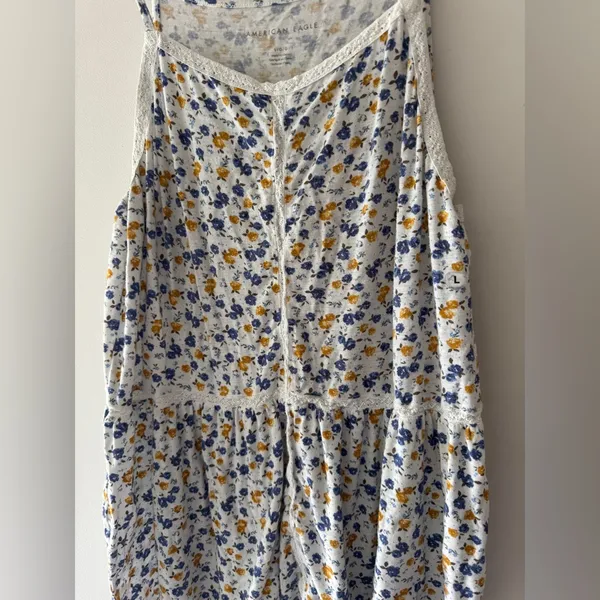 American‎ Eagle Blue and Yellow Floral Flowy Top - Image 2
