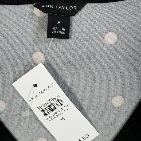 Ann Taylor Women's Medium Black Beige Polka Dot V-Neck Blouse Top Lace Trim New - Image 5