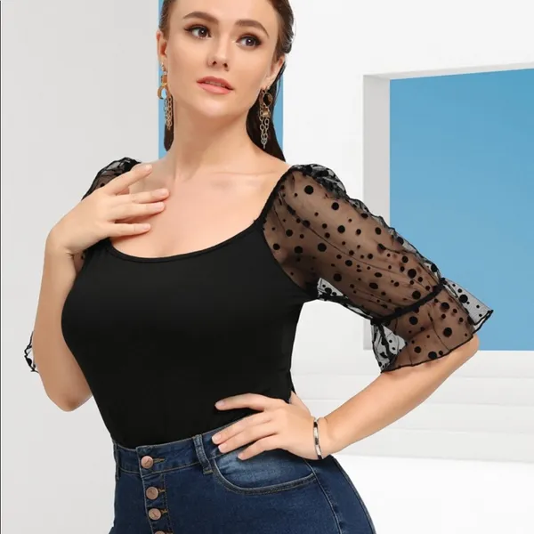 Shein Plus Contrast Dobby Mesh Flounce Sleeve Bodysuit in Black Size 2XL - Image 2
