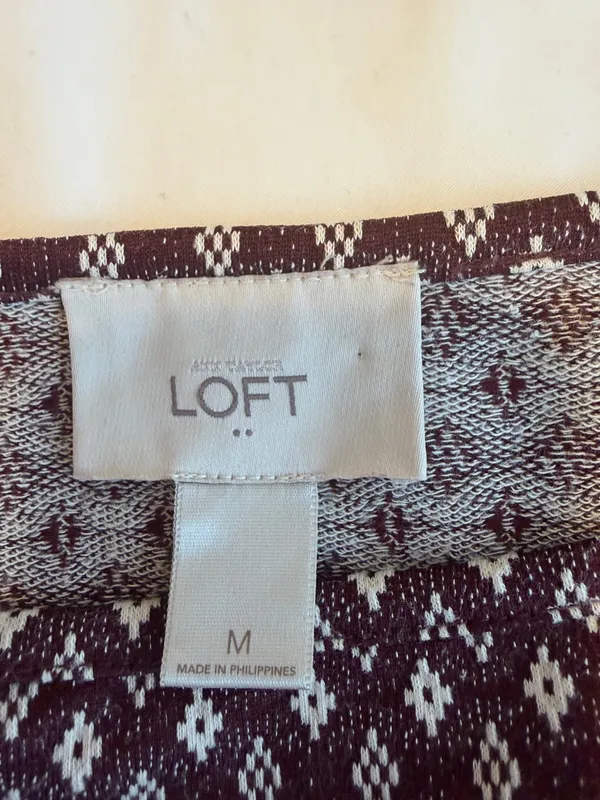Loft Shift Dress Medium Burgundy Cream Geometric Print Casual Career Teacher D1 - Image 3