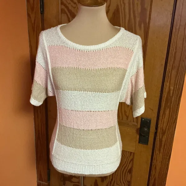 Vintage 1970s Striped Knit Sweater Short Sleeve Pullover - Image 8
