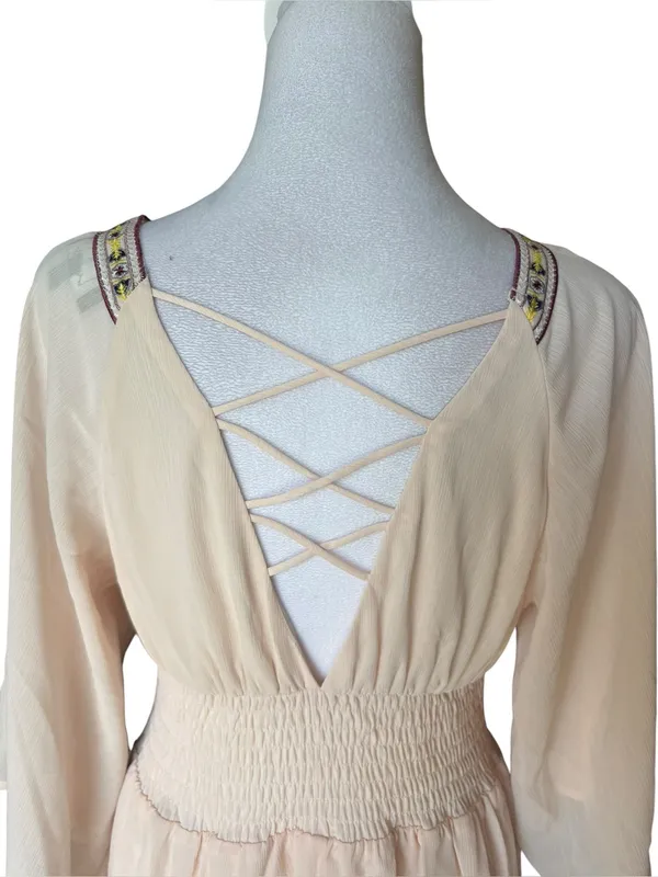 Lulus Reign Check Pale Peach Embroidered Dress Mini Boho Womens Medium NEW - Image 8