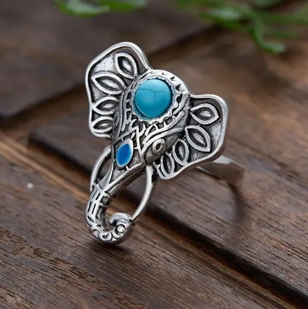 Bohemian Elephant Ring with Turquoise Accent Silver Plated‎ Adjustable Open Band - Image 5
