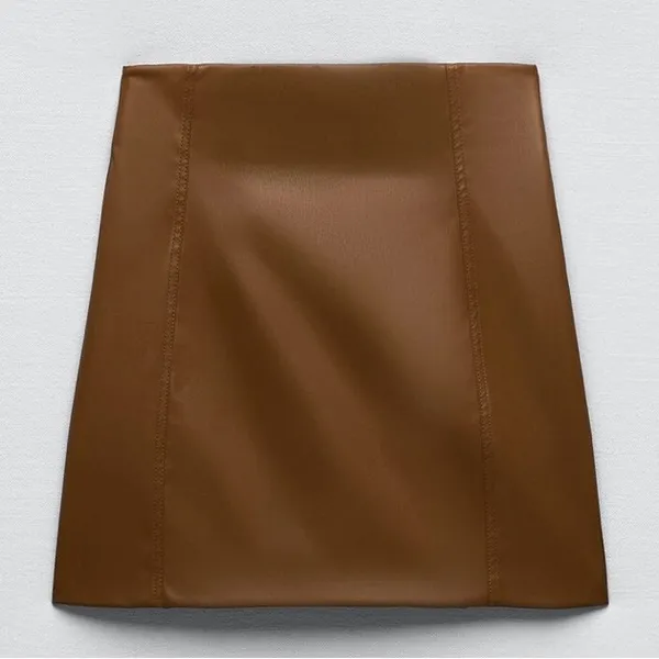 ZARA Brown Vegan‎ Faux Leather Pronounced Seams High Waisted Mini Skirt Size XXL - Image 4