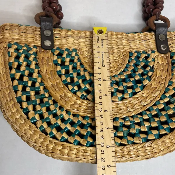 Brown Tan Teal Woven Straw Women’s Purse Handbag Wood Bead Accents Boho Beach - Image 8