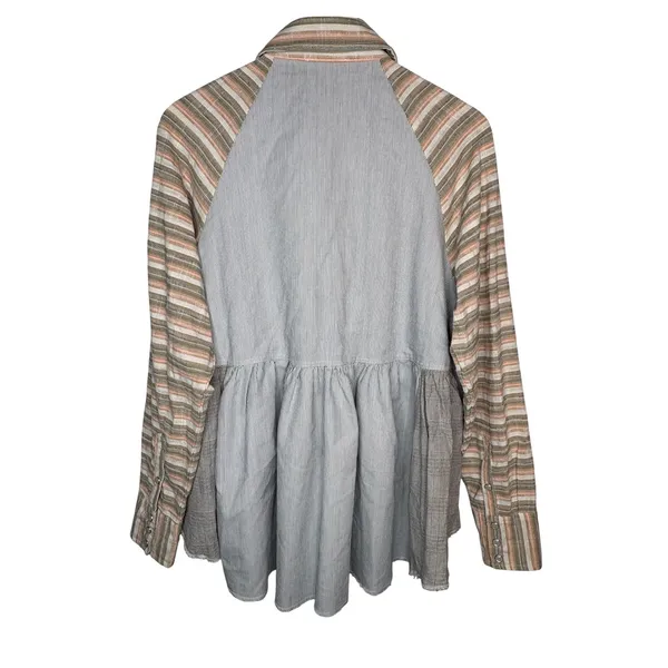 Dress Up Mixed Print Button Down Top Women Small‎ Blue Peplum Striped Plaid Boho - Image 6