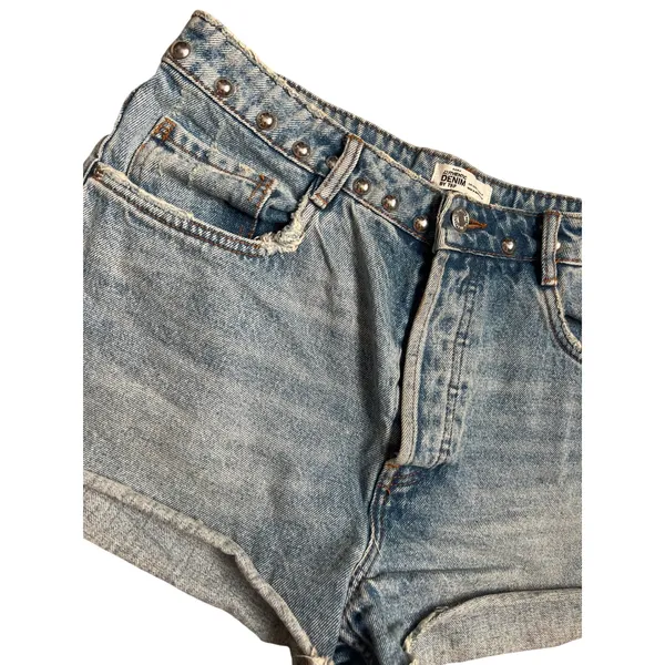 Zara TRF Studded Denim Shorts Light Wash High Waist Raw‎ Hem Blue Womens Size 10 - Image 2