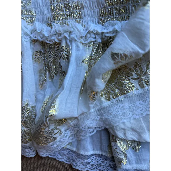 Cotton Mini Skirt Boho White Gold Lurex Smocked Romantic Size L Chloe Laetitia - Image 14