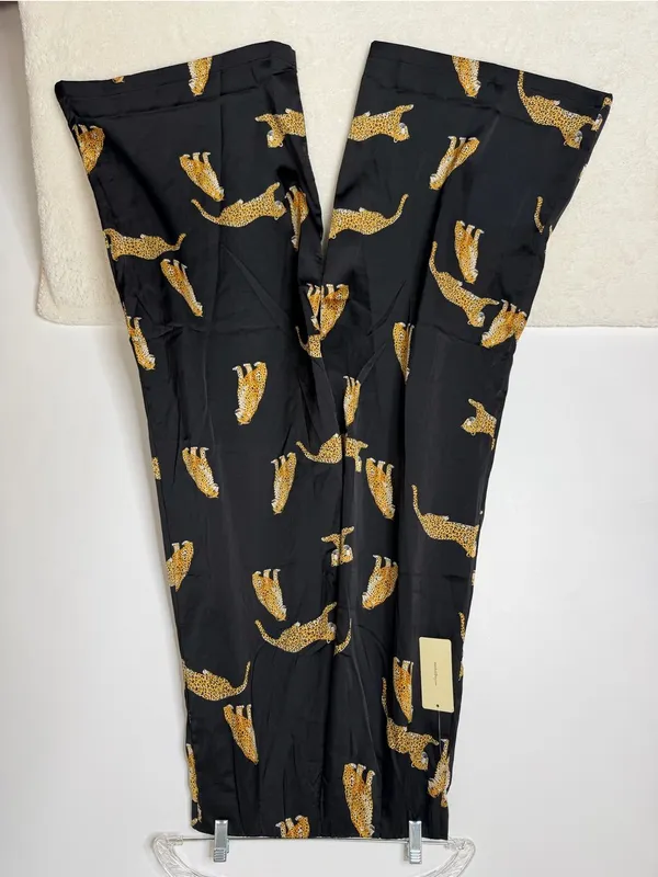 Peach Wide Leg Black Pants with Cheetah / Leopard Big Cat Print Satin Feel NWT - Image 4