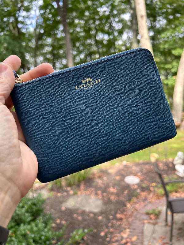 Coach Blue Crossgrain Leather Corner Zip Wristlet Wallet F58032 - Image 11