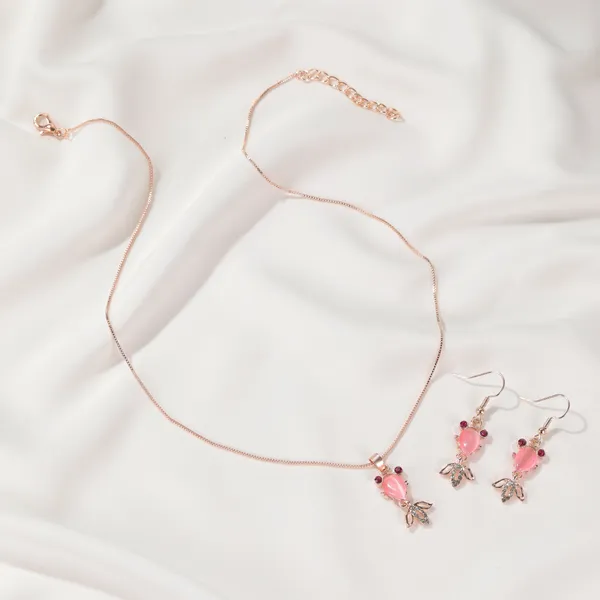 14K Rose Gold Plated Gold Fish Jewelry Set Fish Pendant Necklace Pink Crystal Fish Dangle Drop Earrings(2pcs/set) - Image 3