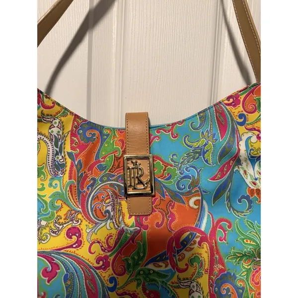 Lauren Ralph Lauren Colorful Floral Paisley Handbag Purse Teal Turquoise - Image 3