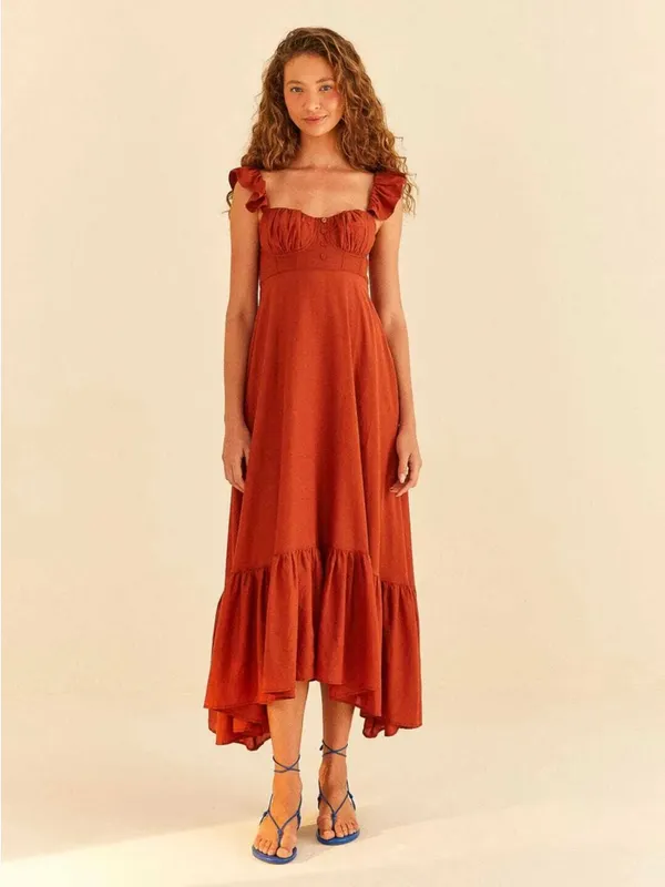 Farm Rio Ruffle-Sleeve Rust Midi Dress - Image 2