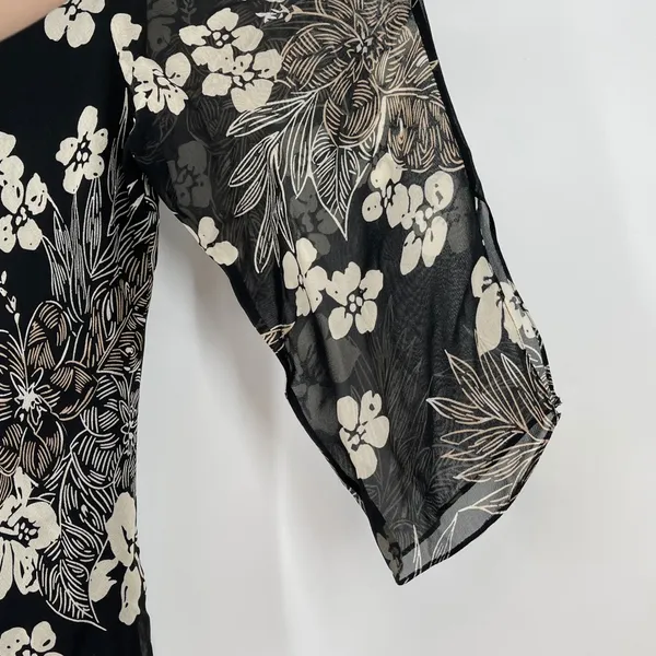 Adrianna Papell Vintage Floral‎ Silk Black Blouse Ruffle Neck 3/4 Sleeve Size 14 Whimsigoth Y2K - Image 3